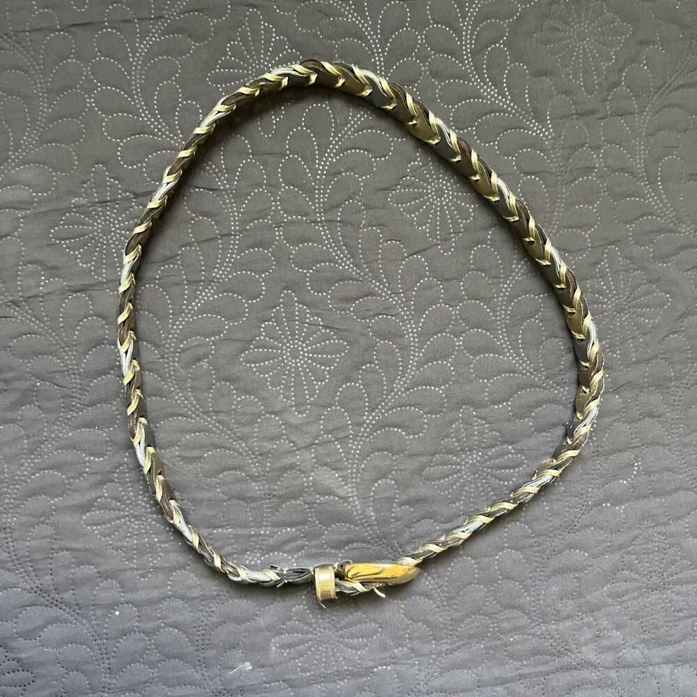 Vintage 70's Belt Adjustable Leather Metallic Glam Wrap Chain Gold Bronze Cream